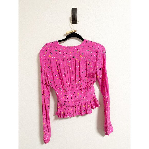 Rotate Birger Christensen Tracy Paint Splash Print Blouse Ruffle Hem Pink Size 2 - Picture 3 of 8